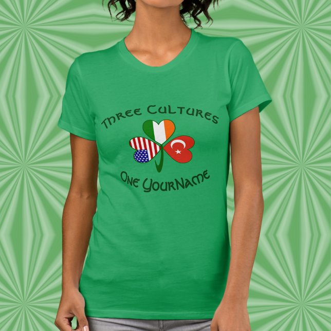Personalized Turkey Ireland USA Shamrock Women's T-Shirt (Women’s tee with Turkey‑Ireland‑USA shamrock and personalized Three Cultures design.)