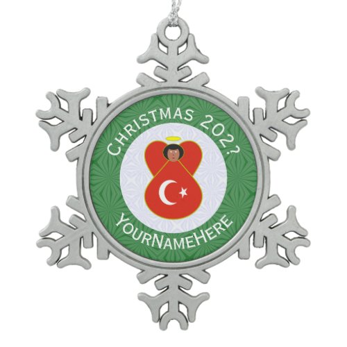 Personalized Turkish Angel Christmas Flag Snowflake Pewter Christmas Ornament