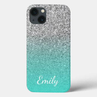 Personalized Turquoise and Silver Glitter Ombre iPhone 13 Case