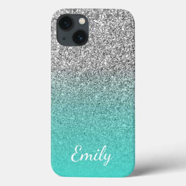 Personalized Turquoise and Silver Glitter Ombre Case-Mate iPhone Case (Back)