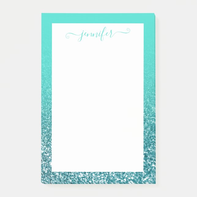 Personalized Turquoise and Teal Glitter Ombre Post-it Notes (Front)