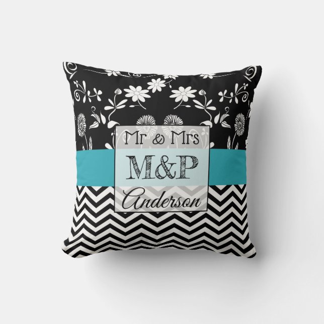 Personalized Turquoise Black Wedding Pillow (Front)
