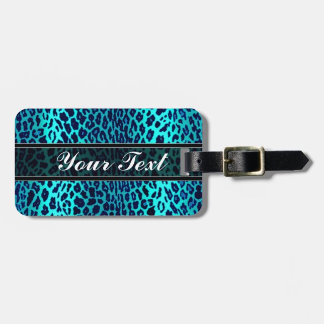 Personalized Turquoise Blue Leopard Animal Print Luggage Tag (Front Horizontal)