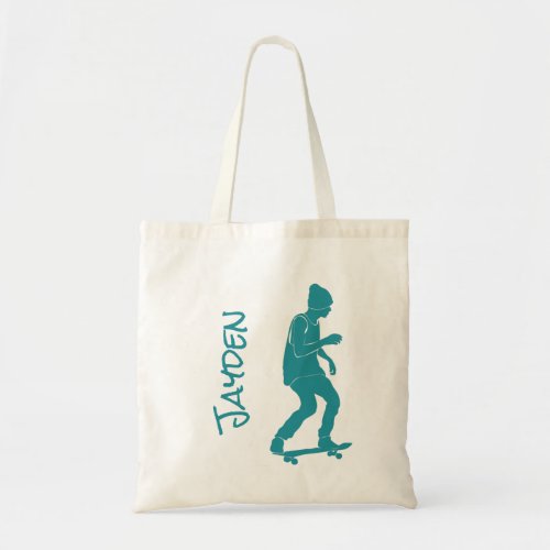 Personalized Turquoise Blue Skateboarder Graphic Tote Bag