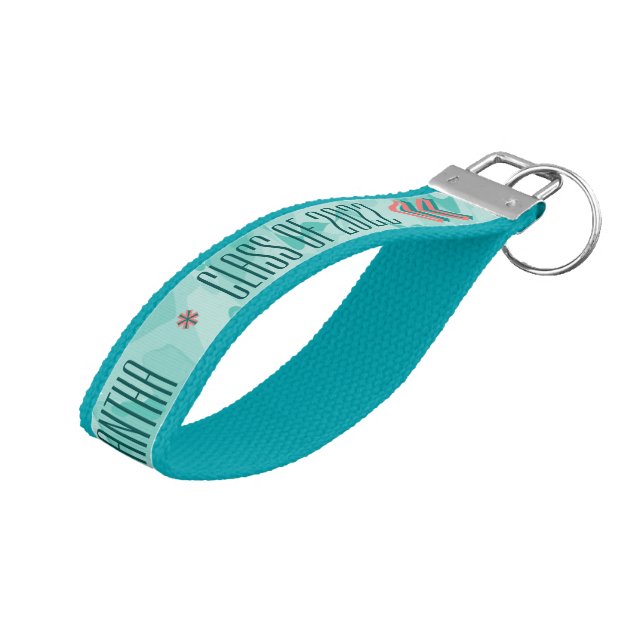 Personalized Turquoise Camouflage Print Wrist Keychain (Angled Up)