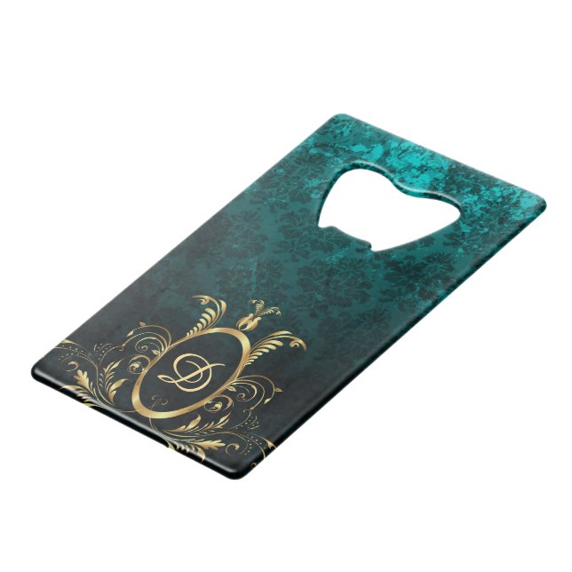 Personalized Turquoise Damask Credit Card Bottle Opener (Front Angled)