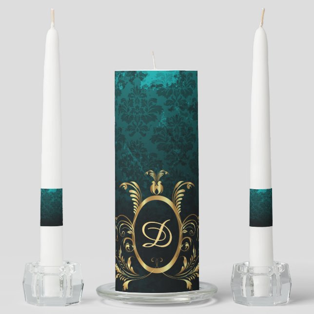 Personalized Turquoise Damask Unity Candle Set (Front)