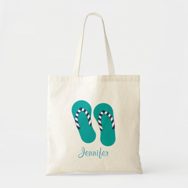 Personalized Turquoise Flip Flop Sandals Tote Bag (Front)