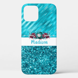 Personalized Turquoise Floral Glitter iPhone 12 Case