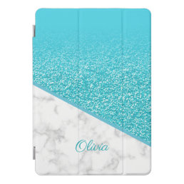 Personalized Turquoise Glitter - White Marble iPad Pro Cover