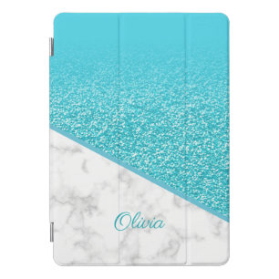 Personalized Turquoise Glitter - White Marble iPad Pro Cover