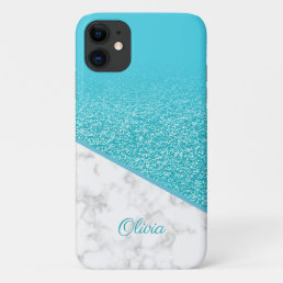 Personalized Turquoise Glitter- White Marble Phone iPhone 11 Case