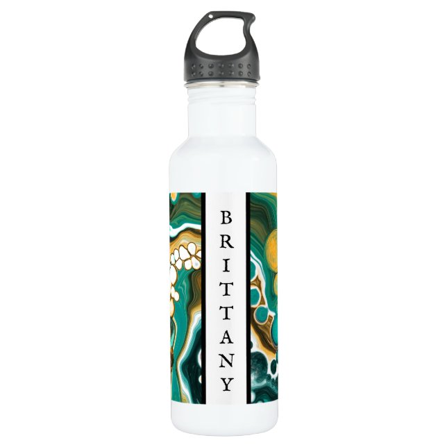 Personalized Turquoise, Gold, Marble Fluid Art    Stainless Steel Water Bottle (Front)