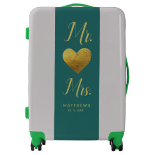 Personalized turquoise gold Mr and Mrs Wedding Luggage