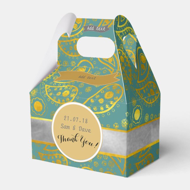Personalized Turquoise Gold Paisley Gable Favor Boxes (Front Side)