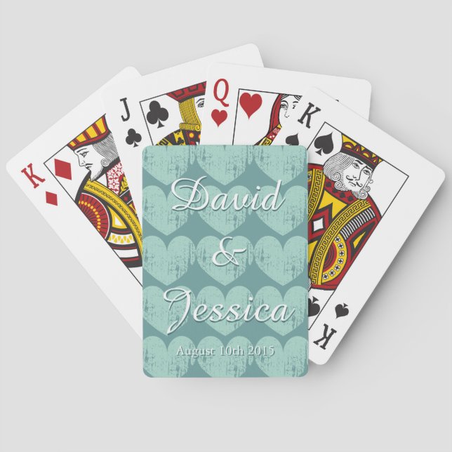 Personalized turquoise heart wedding playing cards (Back)