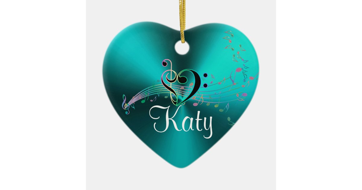 Personalized Turquoise Music Notes Holiday Heart Ceramic Ornament | Zazzle.com