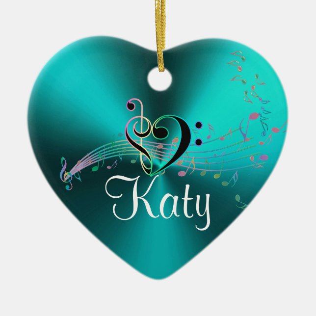 Personalized Turquoise Music Notes Holiday Heart Ceramic Ornament (Front)