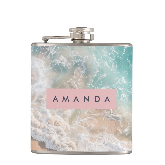 Personalized Turquoise Ocean Wave Beach Flask (Front)