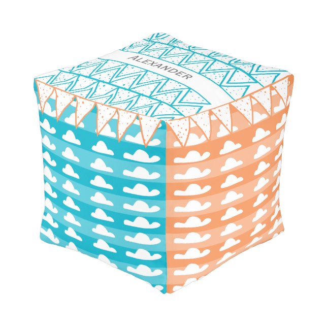 Personalized Turquoise Orange Cloud Modern Pattern Pouf (Angled Front)