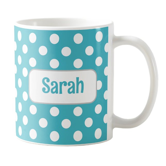 Personalized Turquoise Polka Dot Mug (Personalized Turquoise Polka Dot Mug at Amy's Coffee Mugs on Zazzle.)