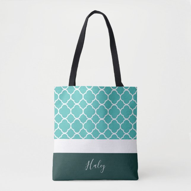 Personalized Turquoise Quatrefoil with Dark Bottom Tote Bag (Front)