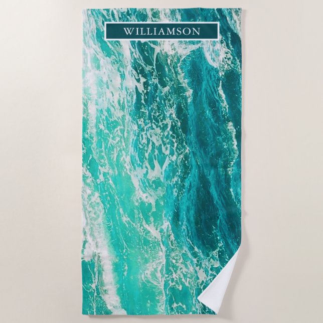 Personalized Turquoise Sea and Waves Beach Towel (Front)
