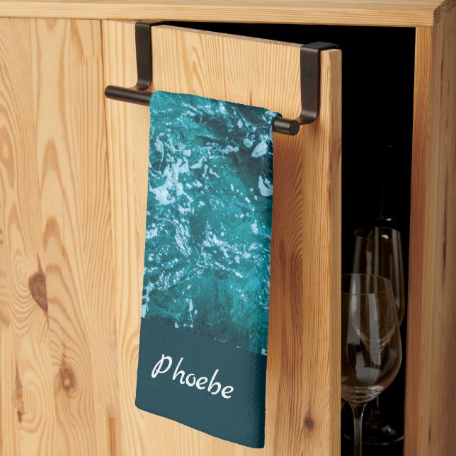 Personalized Turquoise Sea and Waves Housewarming Kitchen Towel (Thirds Fold)