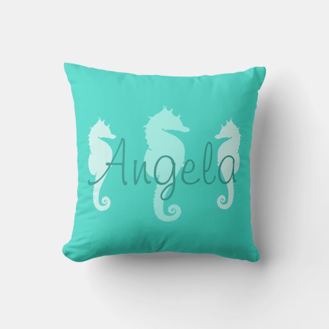 Personalized Turquoise Sea Horses Throw Pillow (Front)
