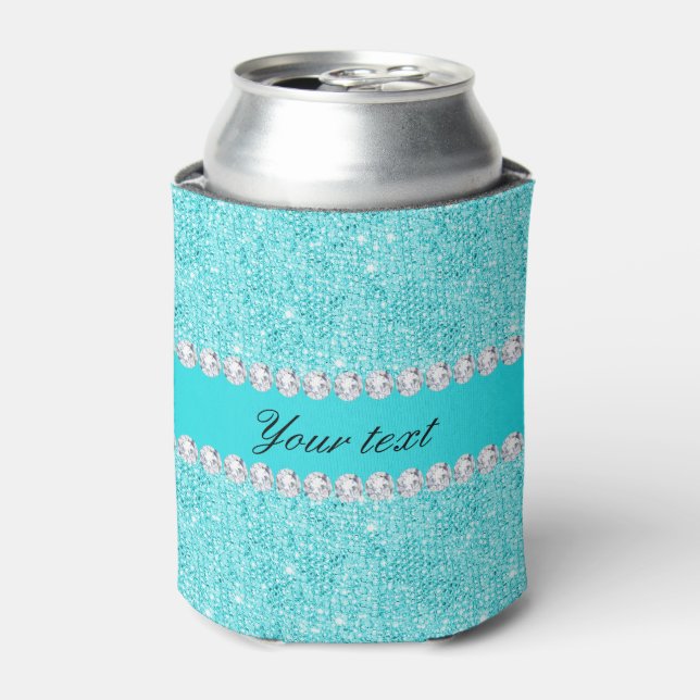 Personalized Turquoise Sequins and Diamonds Can Cooler (Can Front)