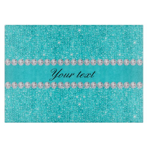 Personalized Turquoise Sequins and Diamonds Cutting Board