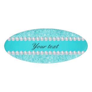 Personalized Turquoise Sequins and Diamonds Name Tag