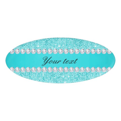 Personalized Turquoise Sequins and Diamonds Name Tag