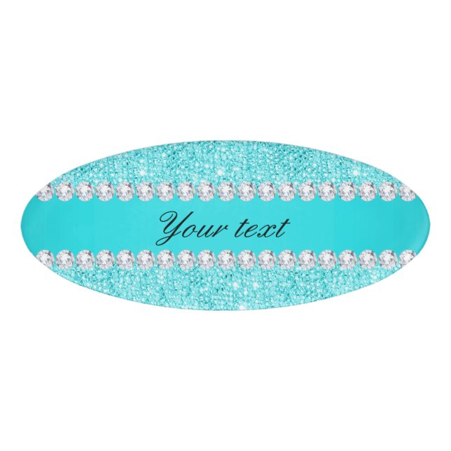 Personalized Turquoise Sequins and Diamonds Name Tag (Front)