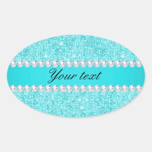 Personalized Turquoise Sequins and Diamonds Oval Sticker
