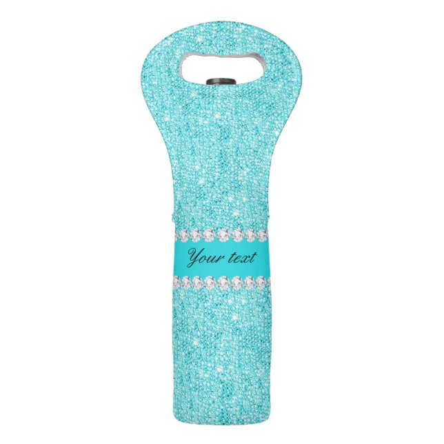 Personalized Turquoise Sequins and Diamonds Wine Bag (Front)