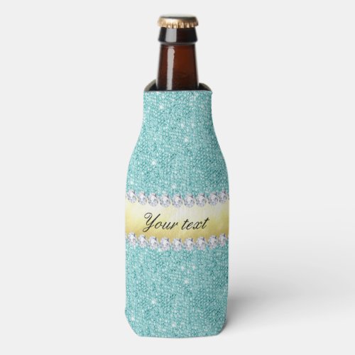 Personalized Turquoise Sequins Gold Diamonds Bottle Cooler