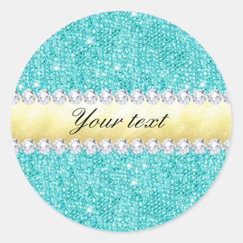 Personalized Turquoise Sequins Gold Diamonds Classic Round Sticker