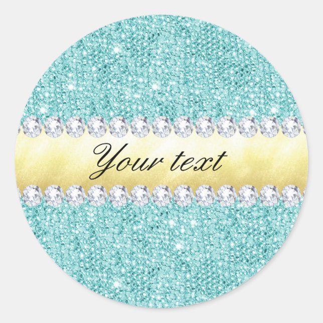 Personalized Turquoise Sequins Gold Diamonds Classic Round Sticker (Front)