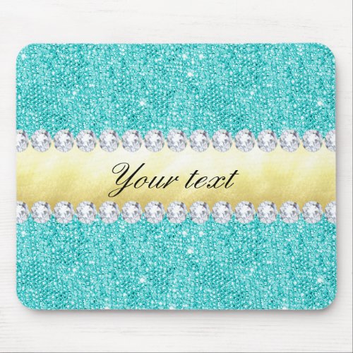 Personalized Turquoise Sequins Gold Diamonds Mouse Pad