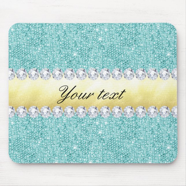 Personalized Turquoise Sequins Gold Diamonds Mouse Pad (Front)