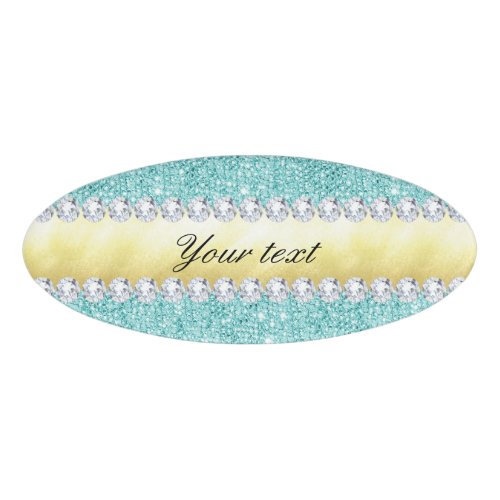 Personalized Turquoise Sequins Gold Diamonds Name Tag