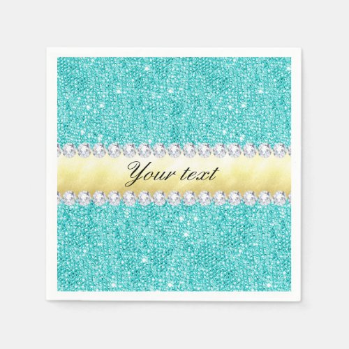 Personalized Turquoise Sequins Gold Diamonds Paper Napkins