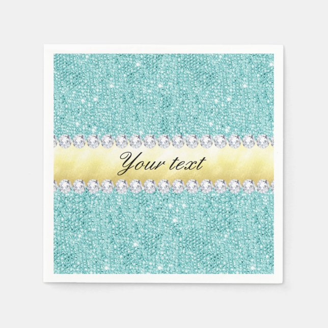 Personalized Turquoise Sequins Gold Diamonds Paper Napkins (Front)