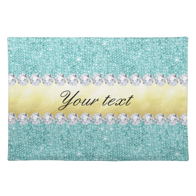 Personalized Turquoise Sequins Gold Diamonds Placemat (Front)