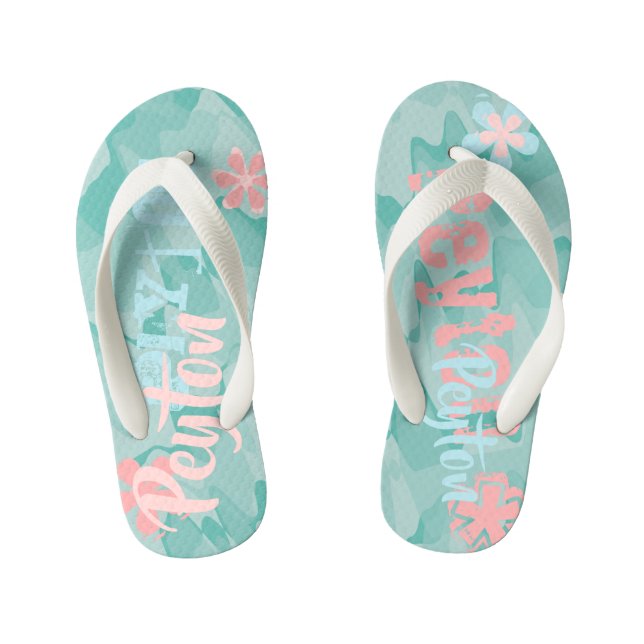 Personalized Turquoise Shock Wave Camouflage Kid's Flip Flops (Footbed)