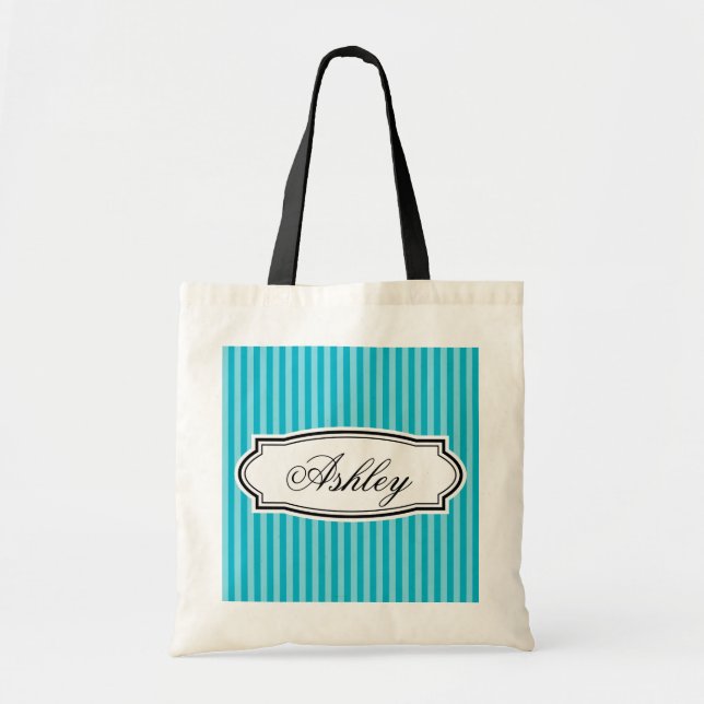 Personalized turquoise striped bridesmaid tote bag (Front)