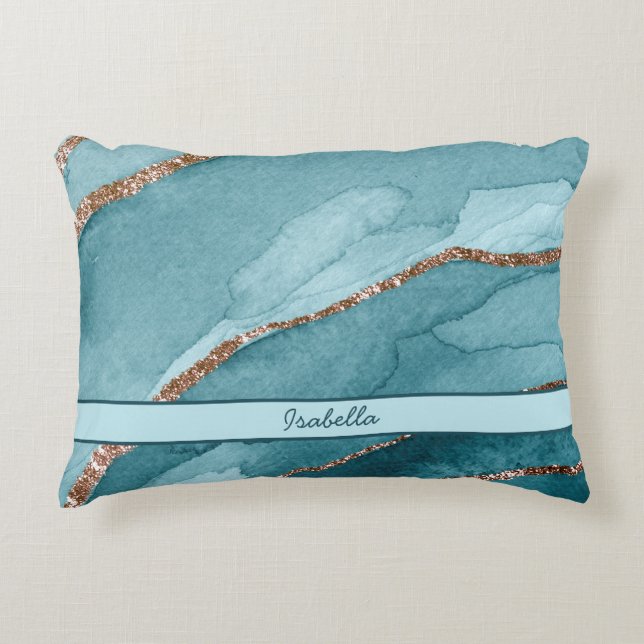 Personalized Turquoise Teal Gold Marble Agate Accent Pillow (Front)