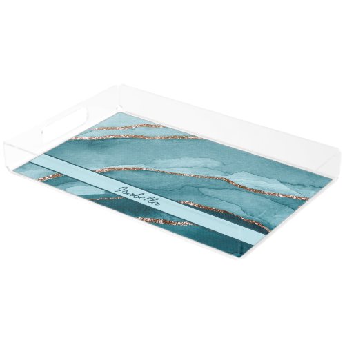 Personalized Turquoise Teal Gold Marble Agate Acrylic Tray