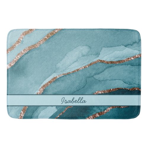 Personalized Turquoise Teal Gold Marble Agate Bath Mat